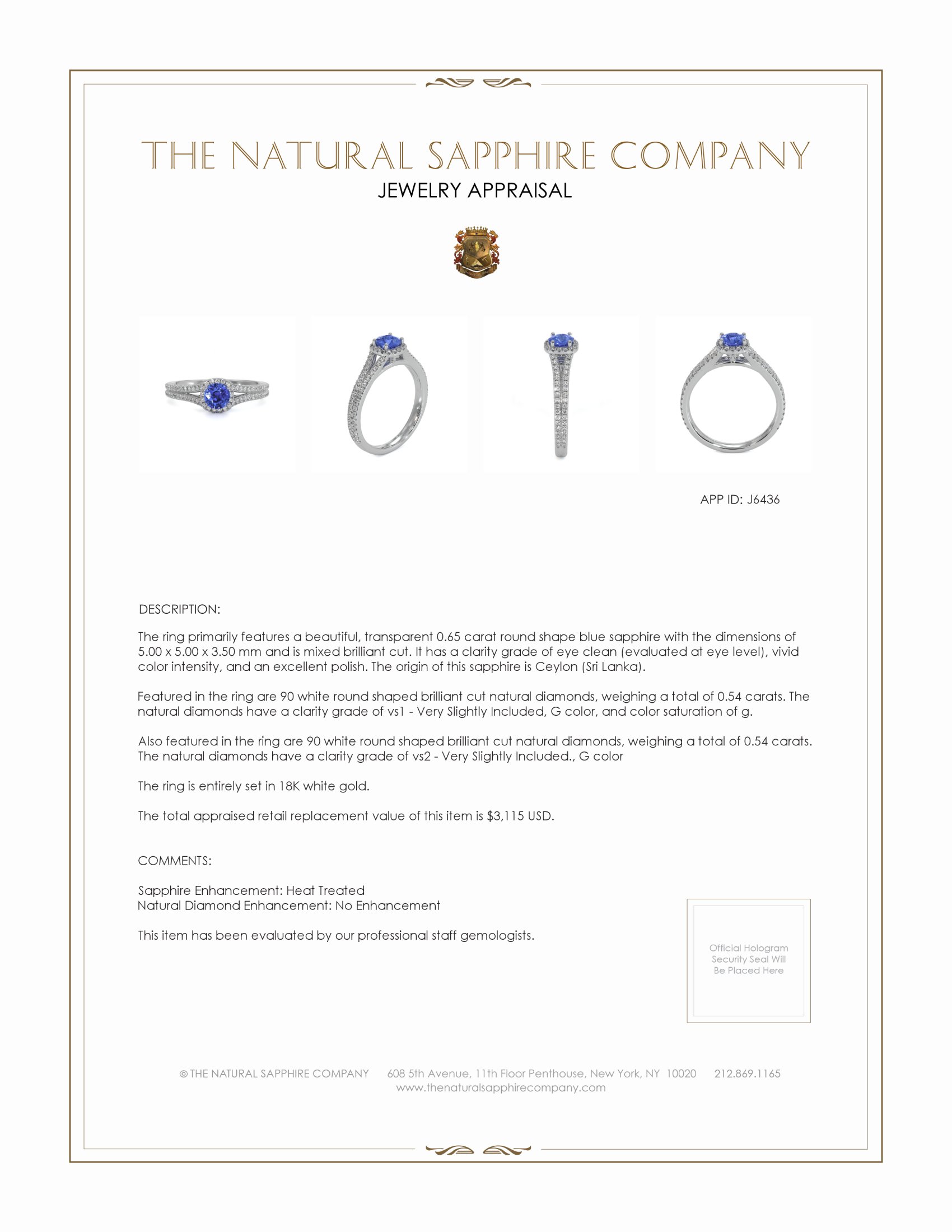 0.65 Ct. Blue Sapphire and Natural Diamond Pave Ring, 18K White Gold