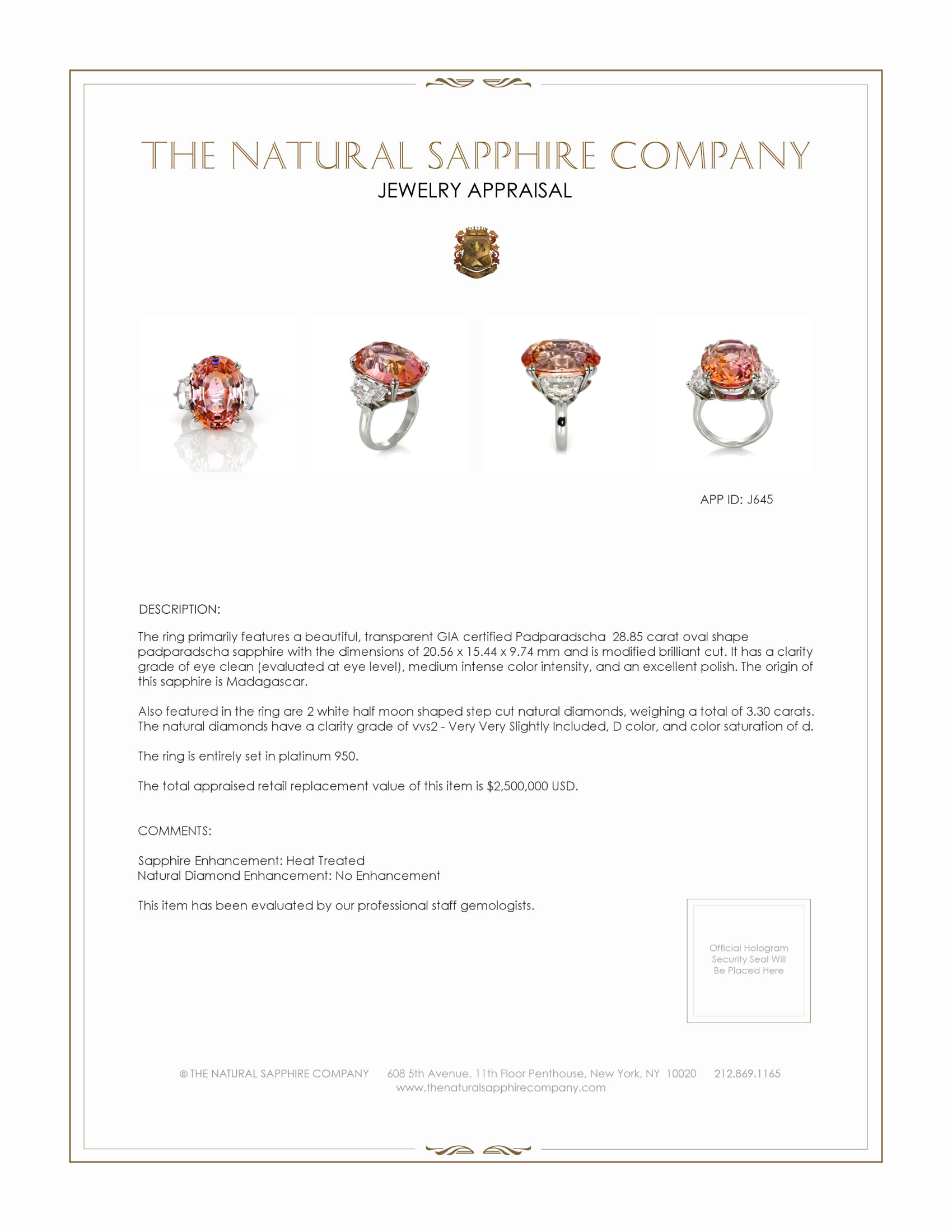 28.85 Ct. Padparadscha Sapphire and Natural Diamond Three Stone Ring, Platinum 950