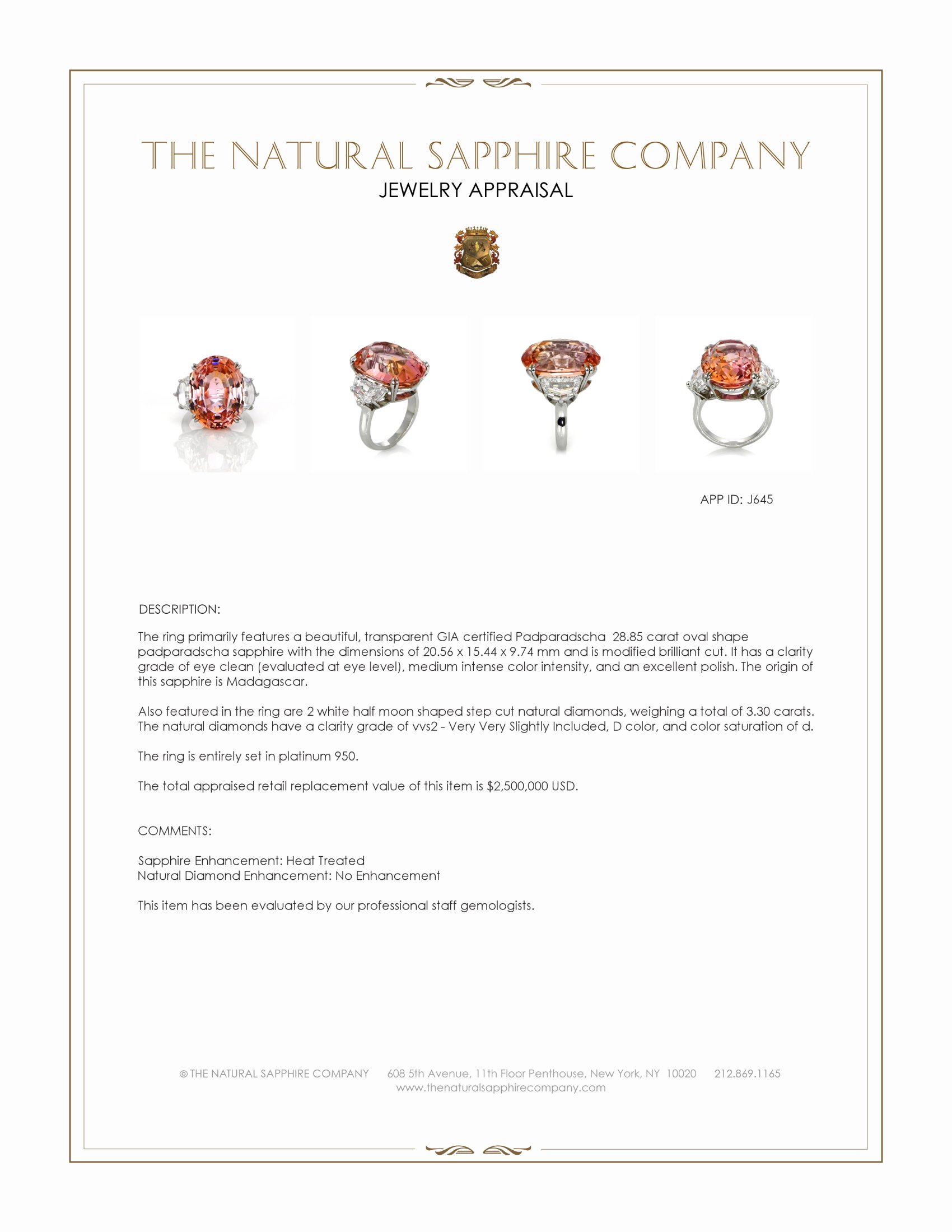 28.85 Ct. Padparadscha Sapphire and Natural Diamond Three Stone Ring, Platinum 950