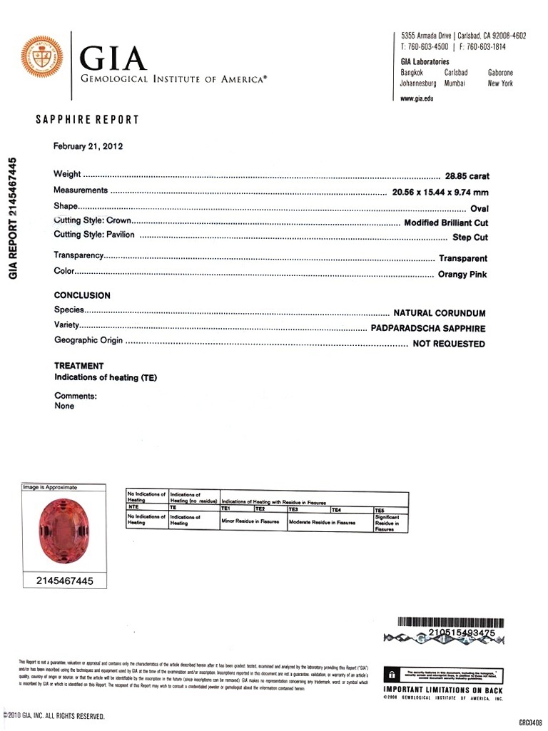 28.85 Ct. Padparadscha Sapphire and Natural Diamond Three Stone Ring, Platinum 950