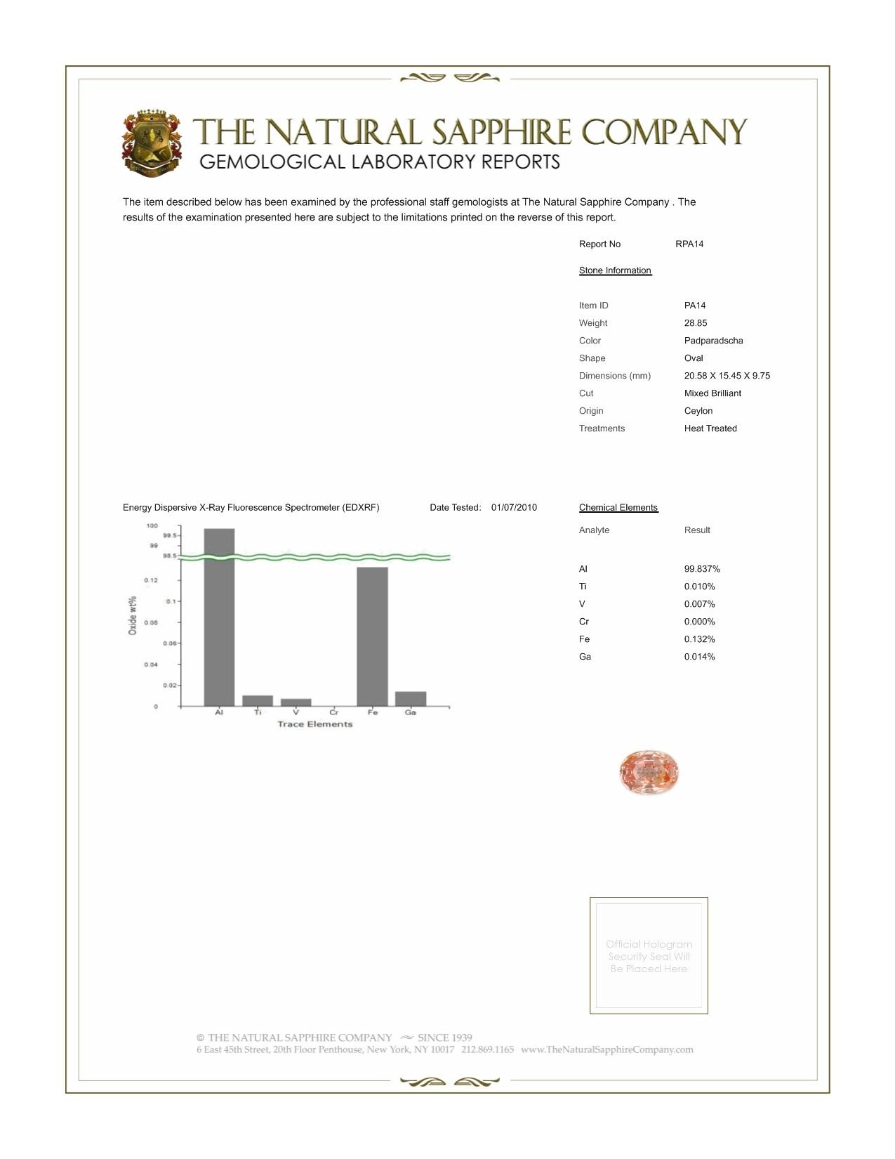 28.85 Ct. Padparadscha Sapphire and Natural Diamond Three Stone Ring, Platinum 950