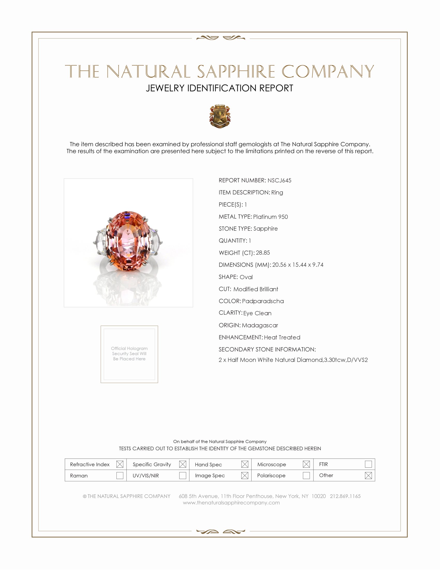 28.85 Ct. Padparadscha Sapphire and Natural Diamond Three Stone Ring, Platinum 950