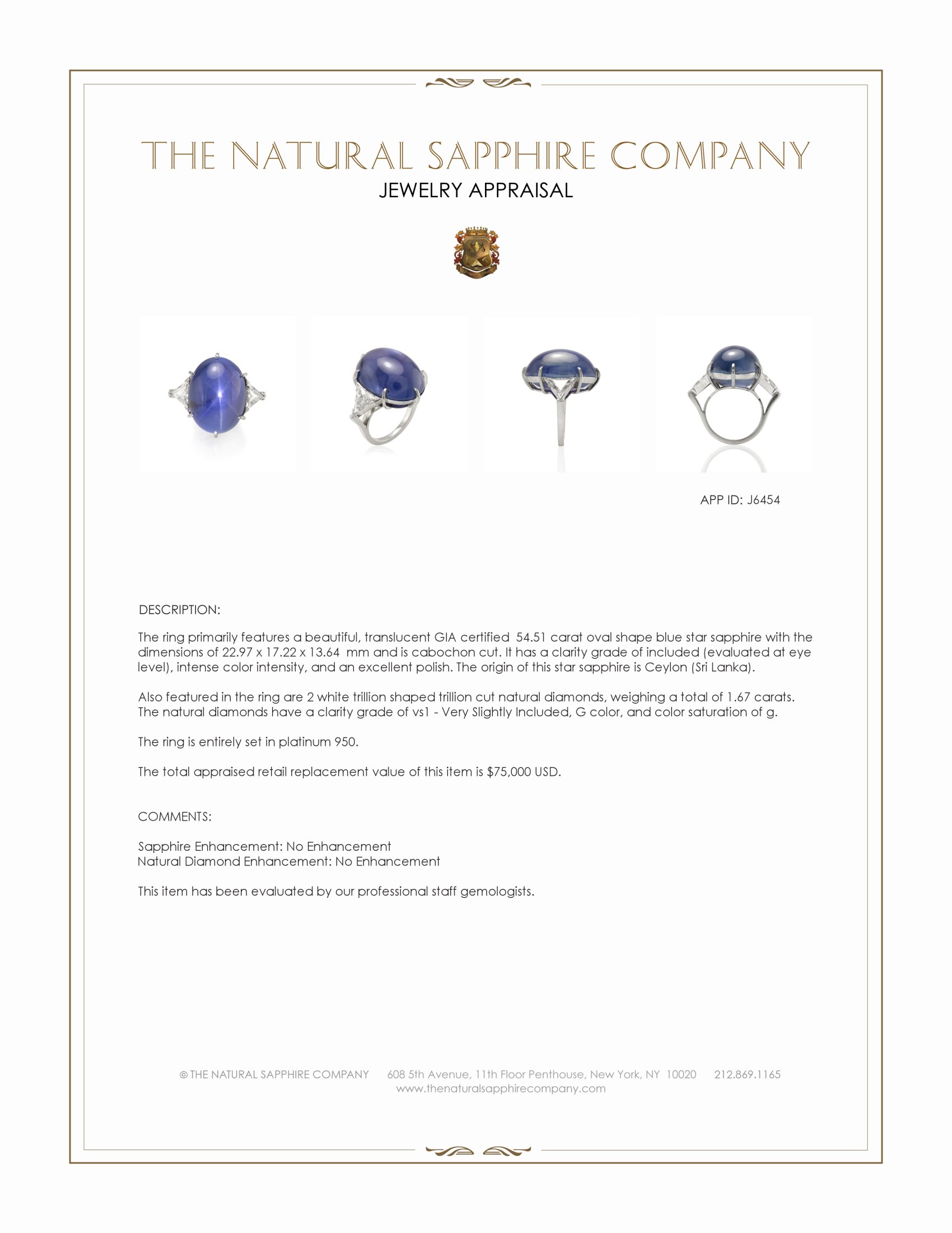 54.51 Ct. Blue Sapphire and Natural Diamond Three Stone Ring, Platinum 950