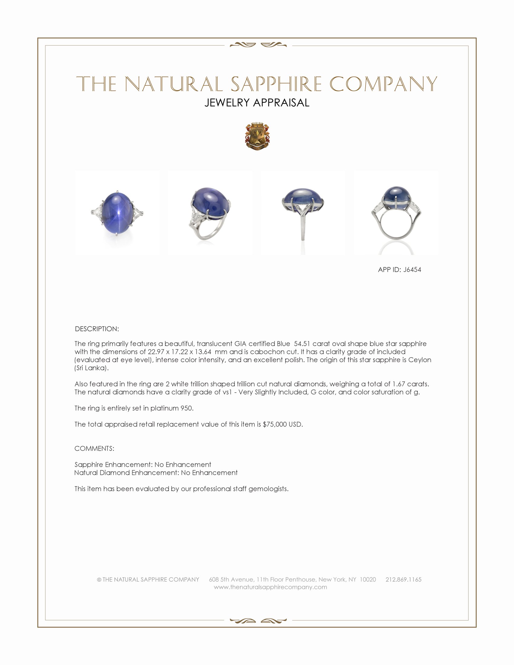 54.51 Ct. Blue Sapphire and Natural Diamond Three Stone Ring, Platinum 950