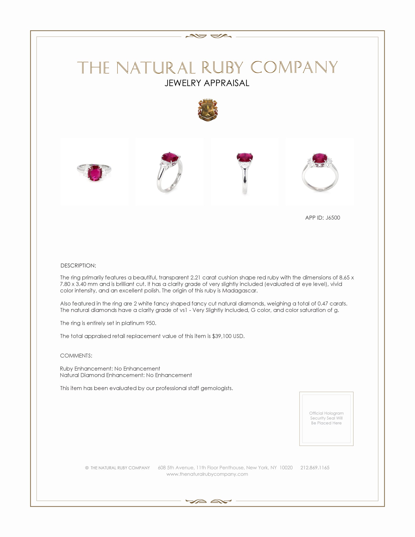 2.21 Ct. Ruby Natural Diamond Three Stone Ring, Platinum 950