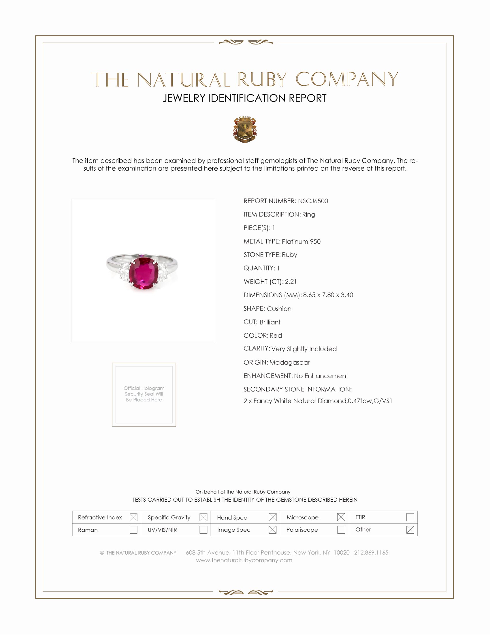 2.21 Ct. Ruby Natural Diamond Three Stone Ring, Platinum 950