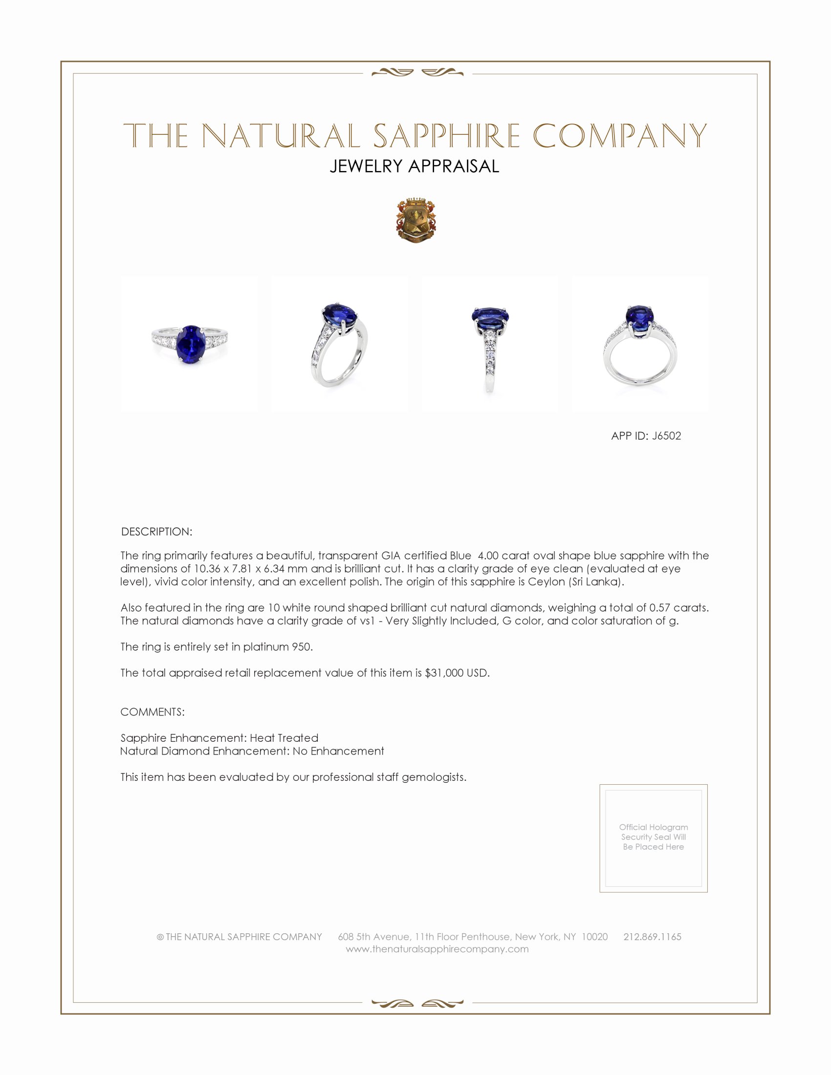 4.00 Ct. Blue Sapphire and Natural Diamond Pave Ring, Platinum 950