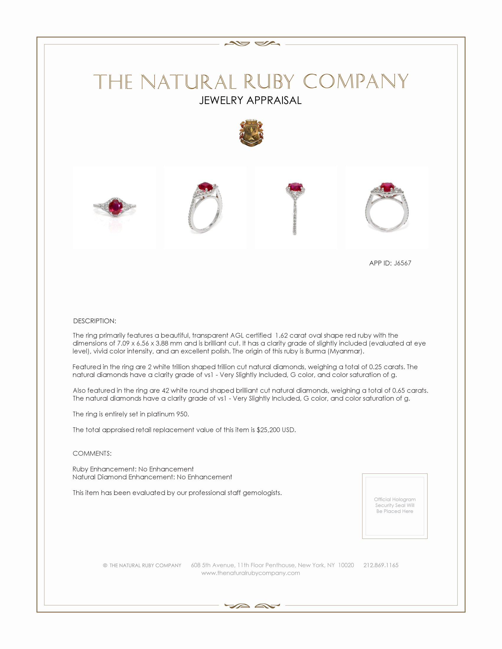 1.62 Ct. Ruby and Natural Diamond Three Stone Ring, Platinum 950