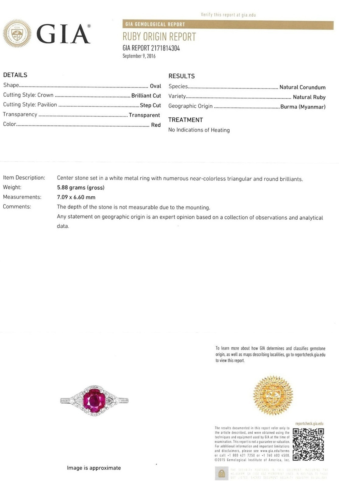 1.62 Ct. Ruby and Natural Diamond Three Stone Ring, Platinum 950