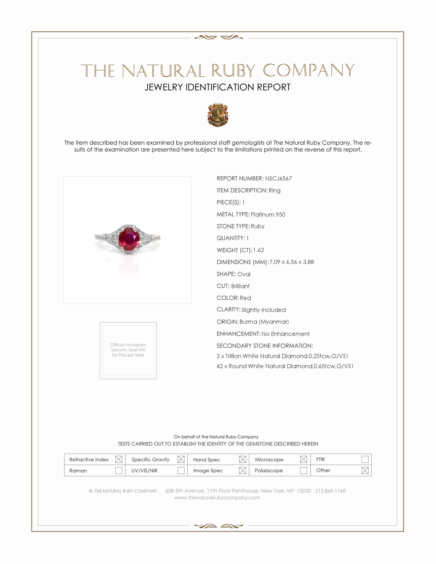1.62 Ct. Ruby Natural Diamond Three Stone Ring, Platinum 950