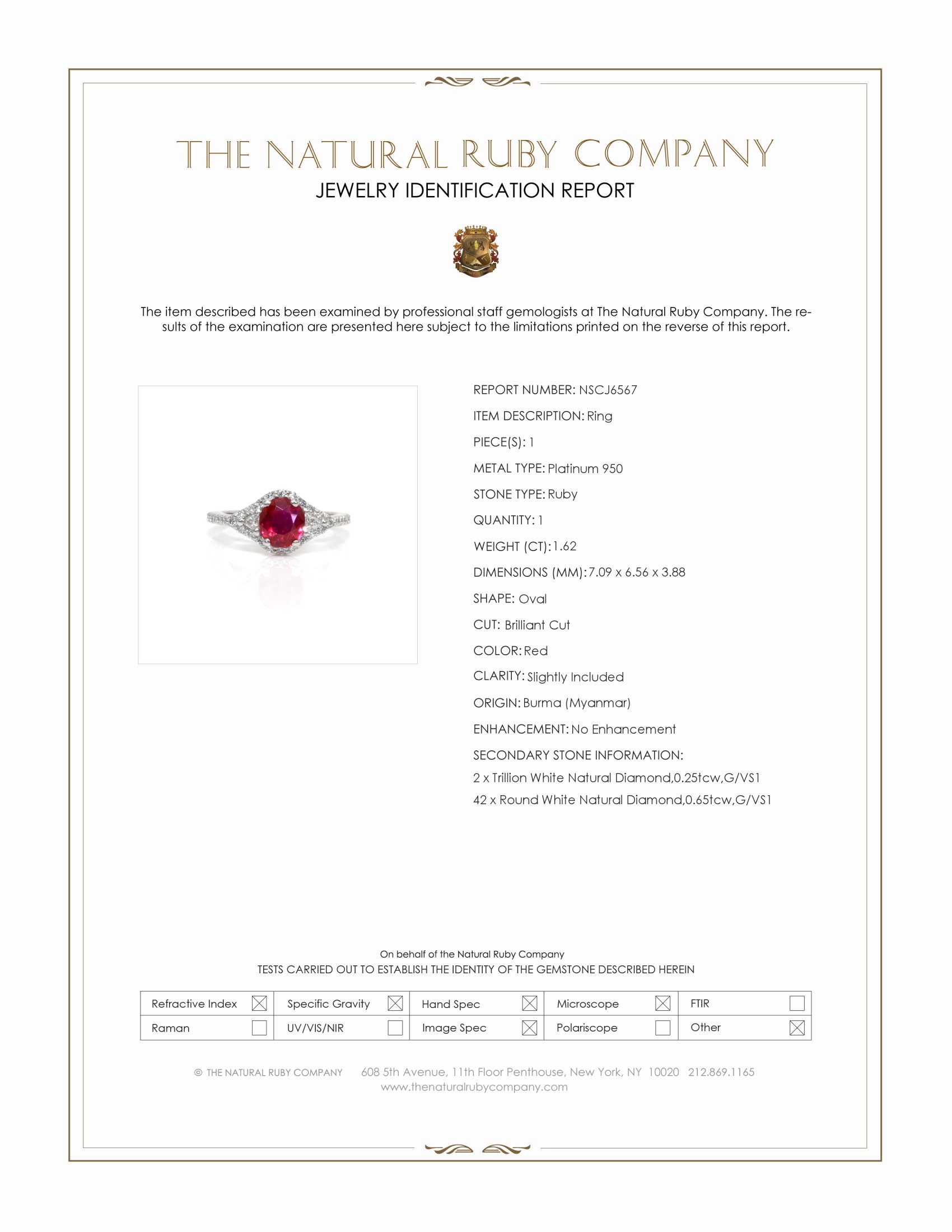 1.62 Ct. Ruby and Natural Diamond Three Stone Ring, Platinum 950