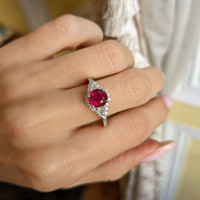 1.62 Ct. Ruby Natural Diamond Three Stone Ring, Platinum 950 Life Style