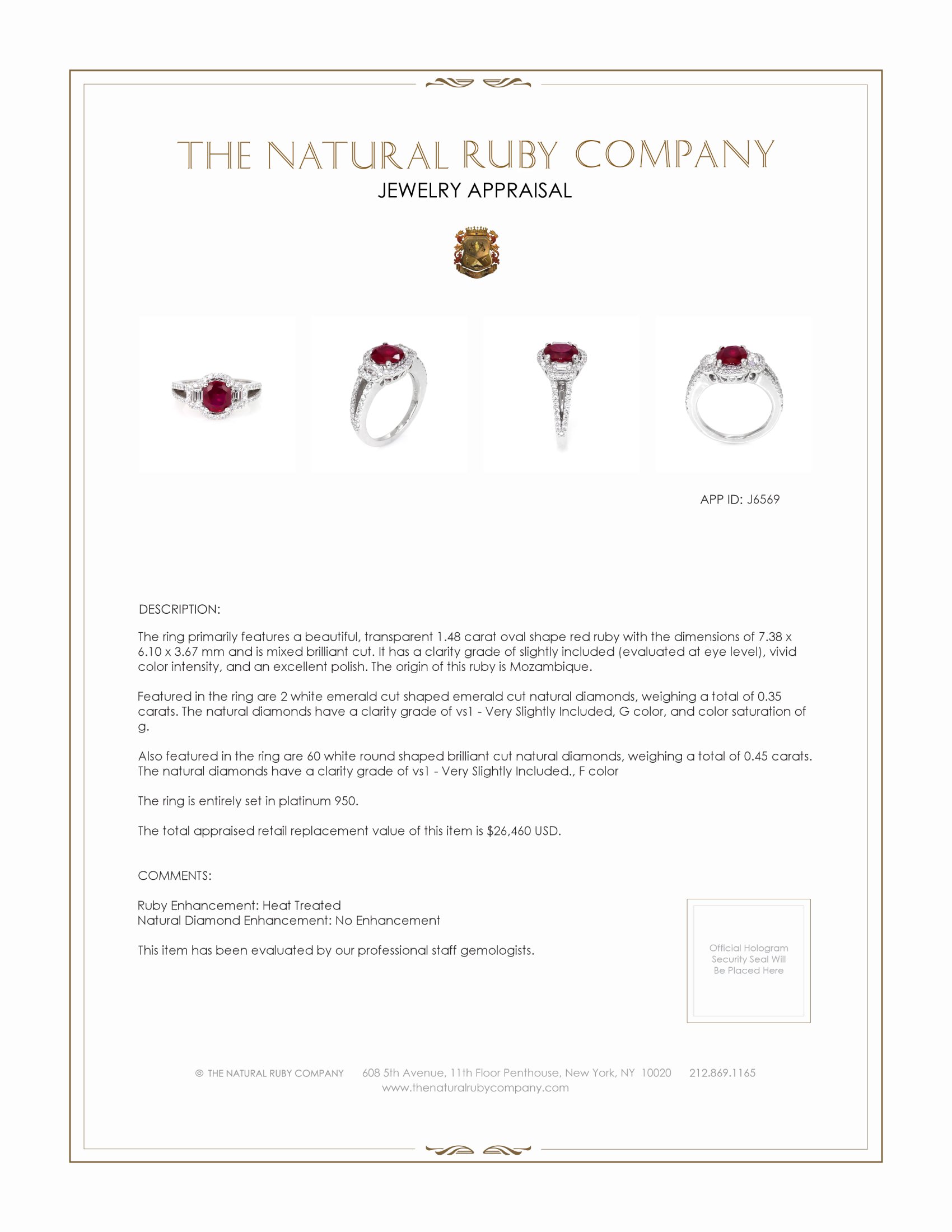 1.48 Ct. Ruby and Natural Diamond Three Stone Ring, Platinum 950