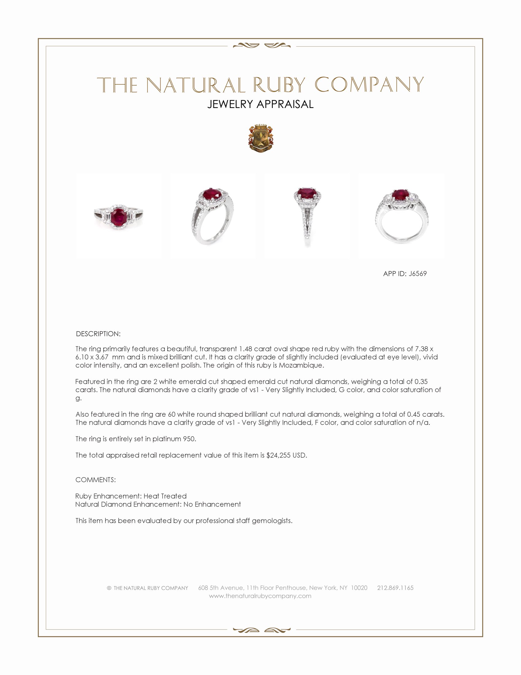 1.48 Ct. Ruby and Natural Diamond Three Stone Ring, Platinum 950