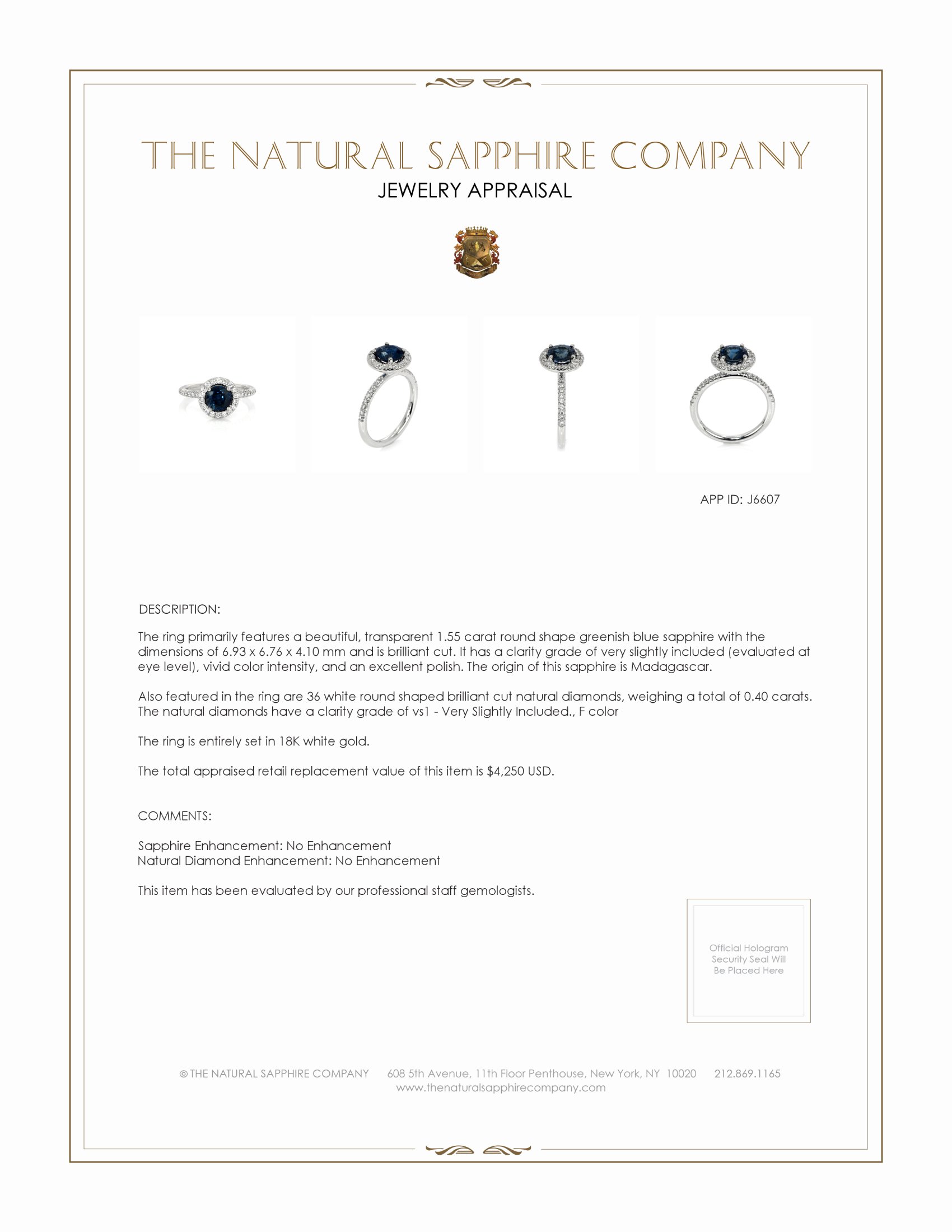 1.55 Ct. Greenish Blue Sapphire and Natural Diamond Pave Ring, 18K White Gold