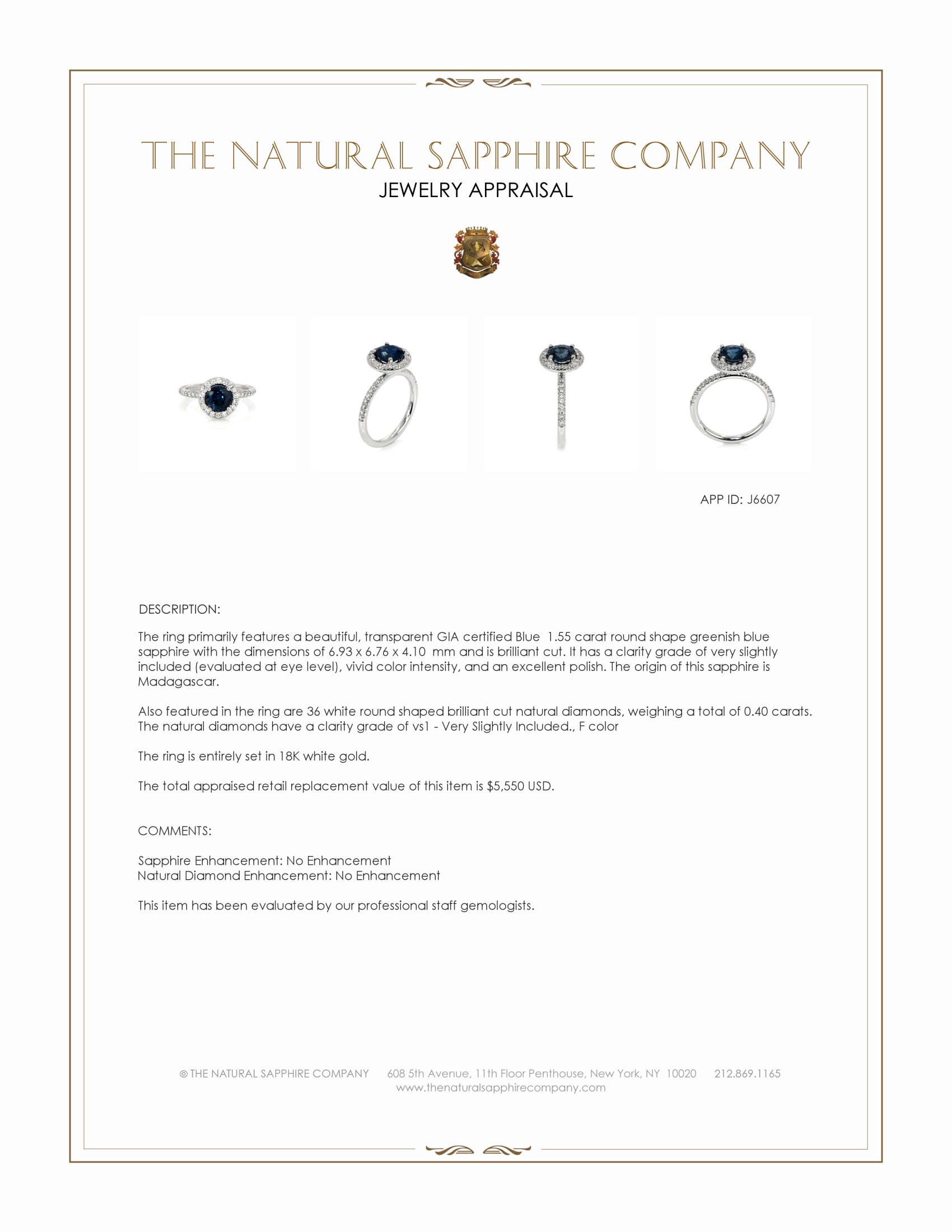 1.55 Ct. Greenish Blue Sapphire and Natural Diamond Pave Ring, 18K White Gold