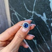 1.55 Ct. Greenish Blue Sapphire and Natural Diamond Pave Ring, 18K White Gold Life Style
