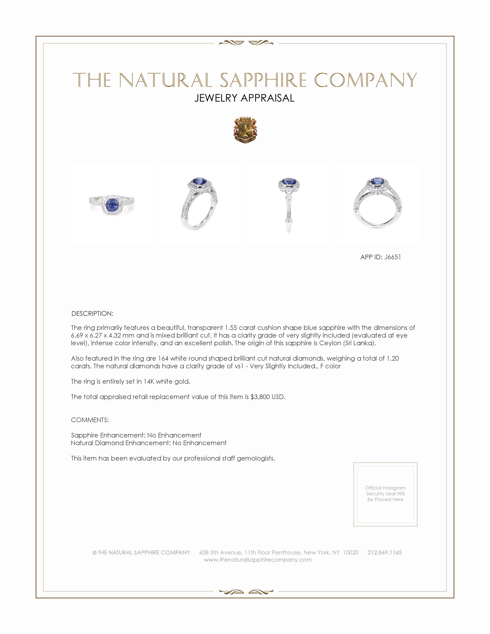 1.55 Ct. Blue Sapphire and Natural Diamond Antique Style Ring, 14K White Gold