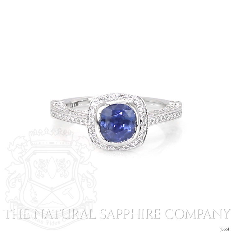1.55 Ct. Blue Sapphire and Natural Diamond Antique Style Ring, 14K White Gold