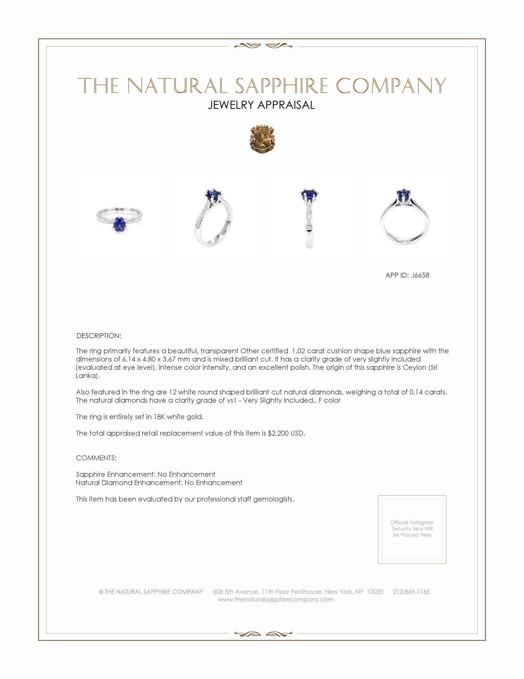 1.02 Ct. Blue Sapphire and Natural Diamond Antique Style Ring, 18K White Gold