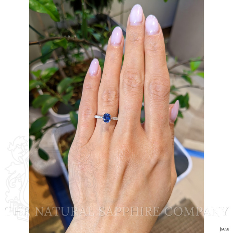 1.02 Ct. Blue Sapphire and Natural Diamond Antique Style Ring, 18K White Gold
