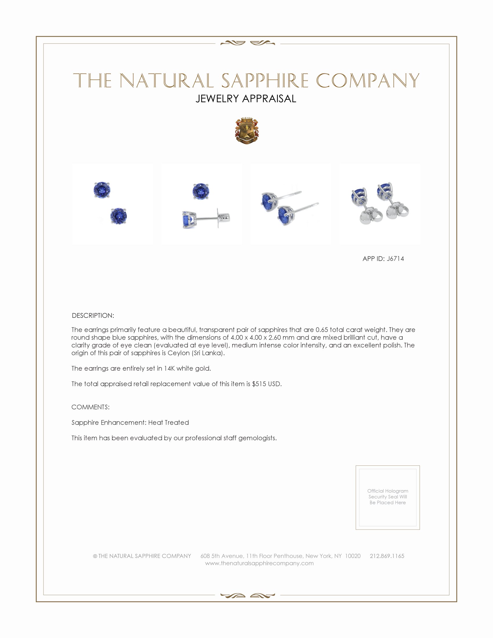 0.65 Ct.Tw. Blue Sapphire Studs Earrings, 14K White Gold