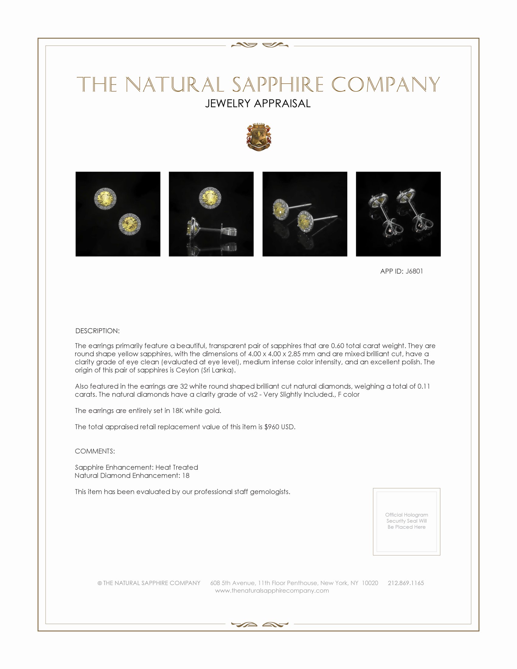 0.60 Ct.Tw. Yellow Sapphire and Natural Diamond Studs Earrings, 18K White Gold
