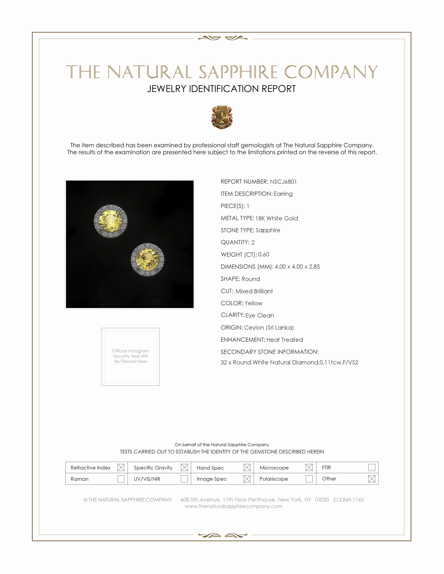 0.60 Ct.Tw. Yellow Sapphire and Natural Diamond Studs Earrings, 18K White Gold