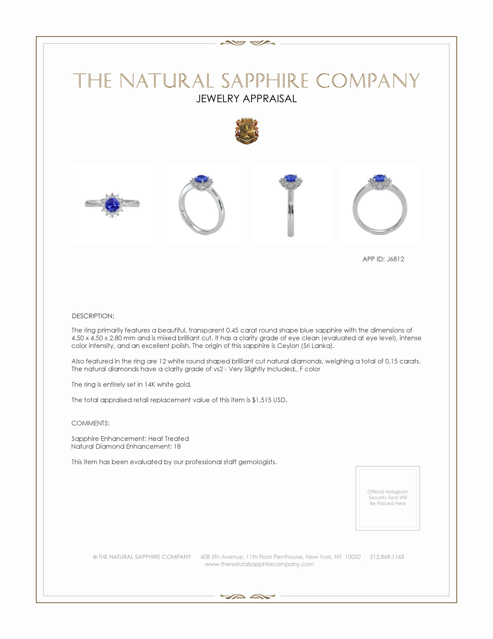 0.45 Ct. Blue Sapphire and Natural Diamond Halo Ring, 14K White Gold