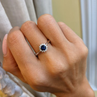 0.45 Ct. Blue Sapphire and Natural Diamond Halo Ring, 14K White Gold Life Style