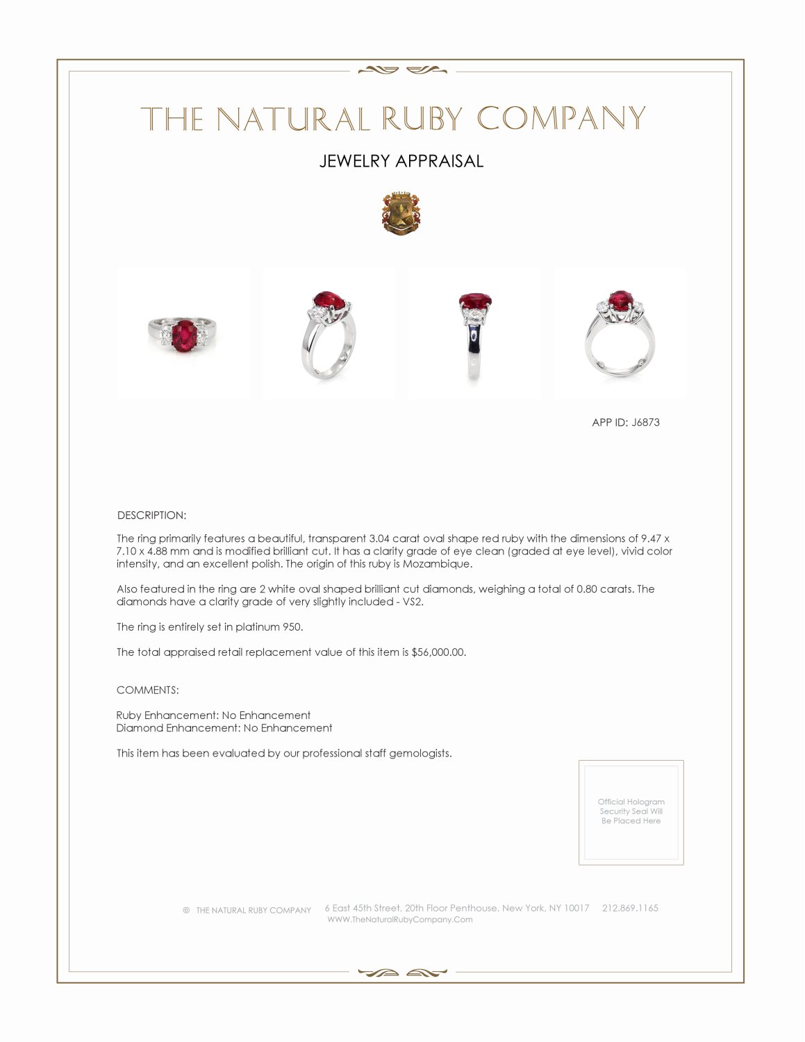 3.04 Ct. Ruby and Natural Diamond Three Stone Ring, Platinum 950