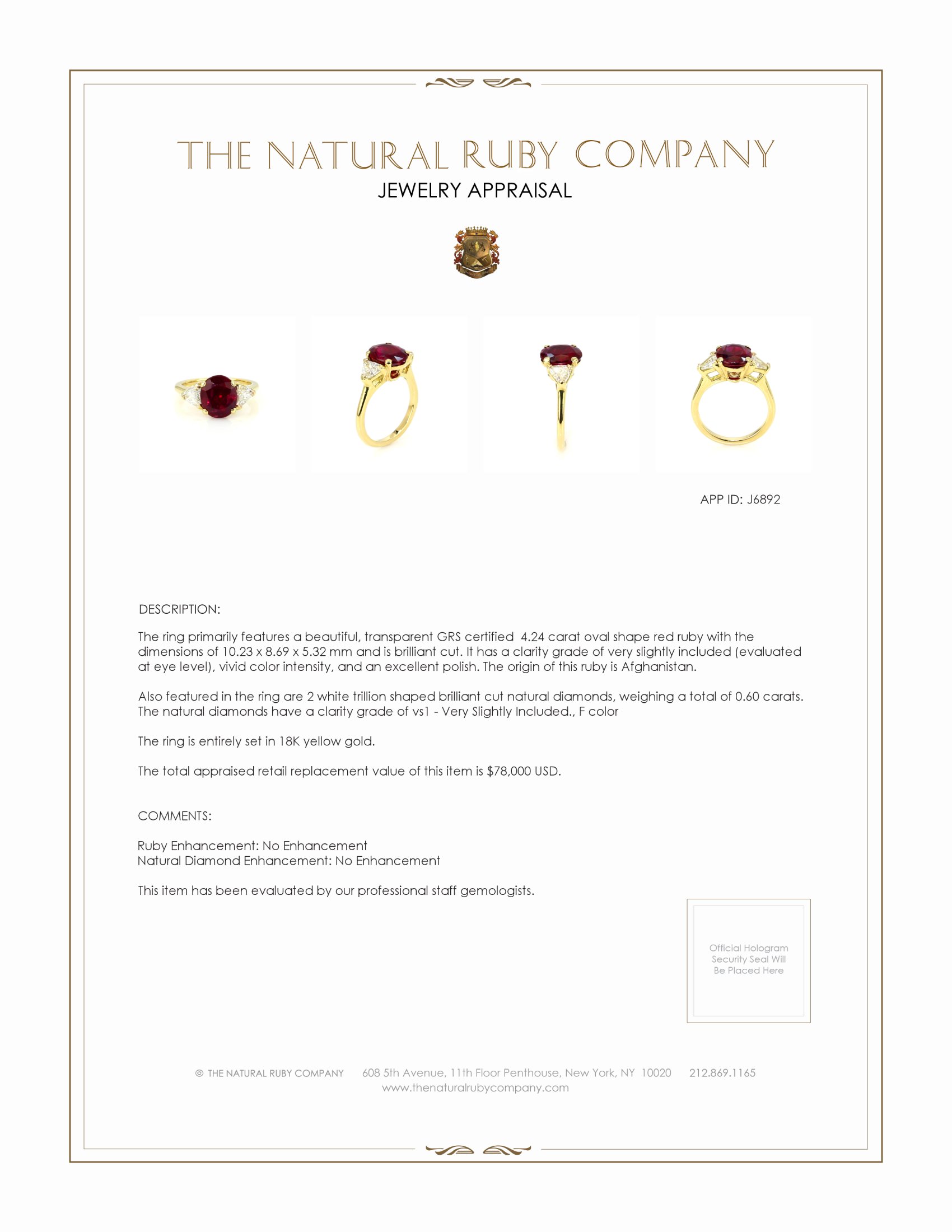 4.24 Ct. Ruby and Natural Diamond Three Stone Ring, 18K Yellow Gold