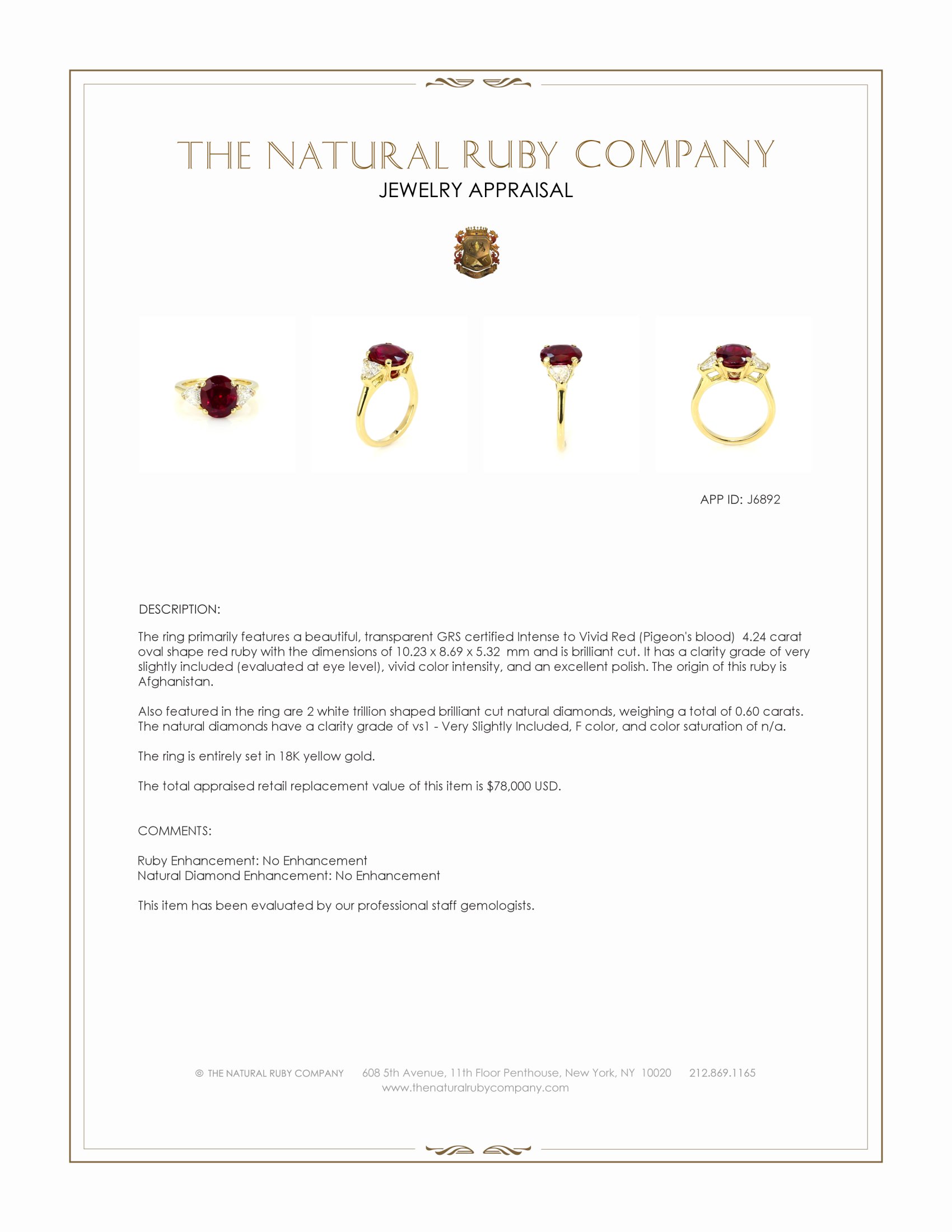 4.24 Ct. Ruby and Natural Diamond Three Stone Ring, 18K Yellow Gold