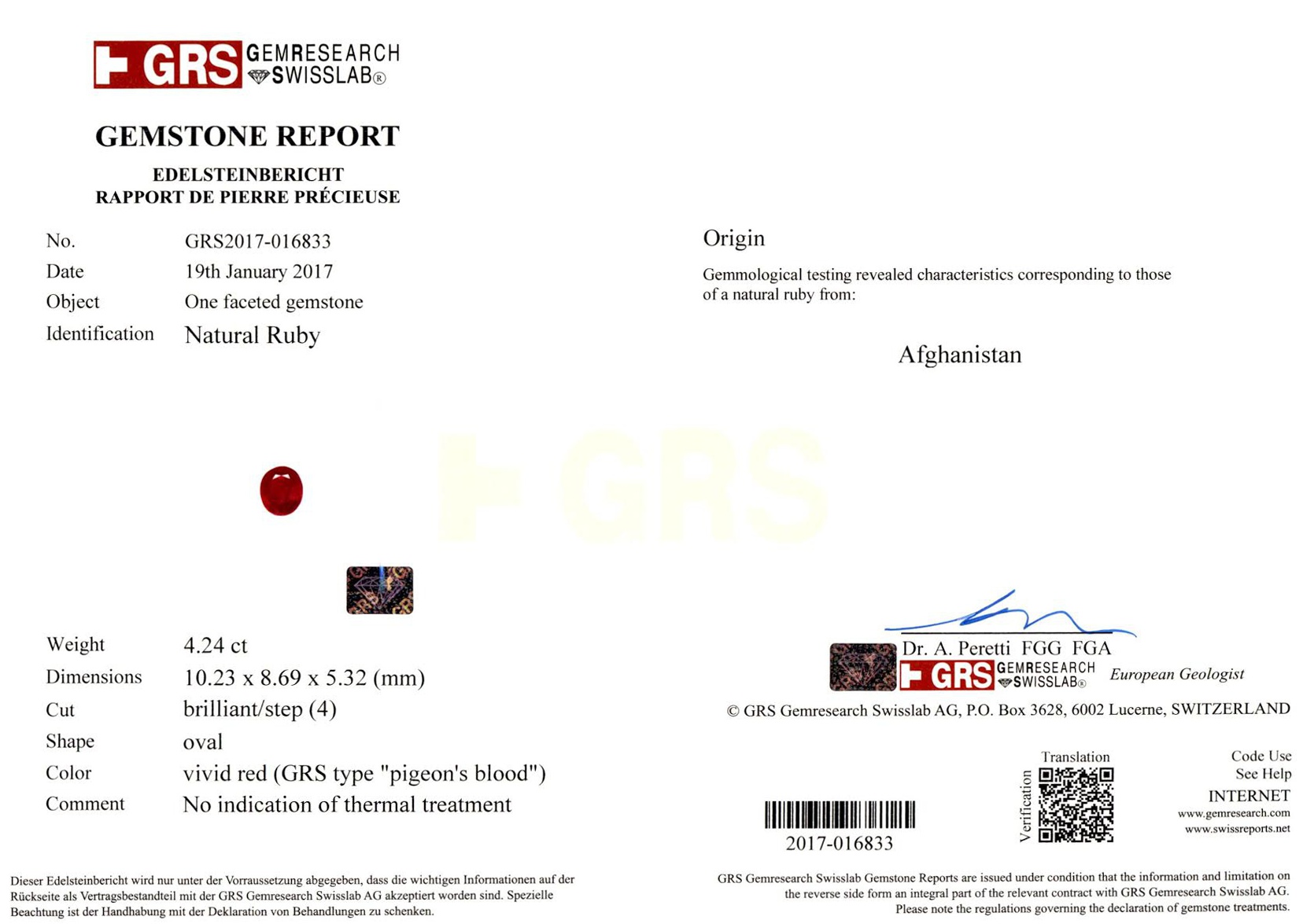 4.24 Ct. Ruby and Natural Diamond Three Stone Ring, 18K Yellow Gold