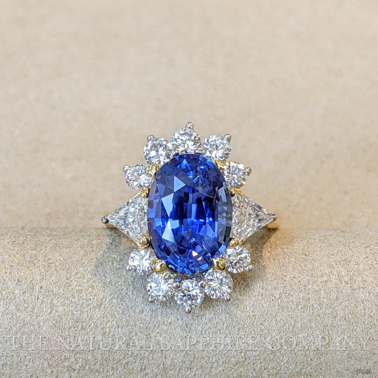5.28 Ct. Blue Sapphire and Natural Diamond Halo Ring, 18K Yellow Gold