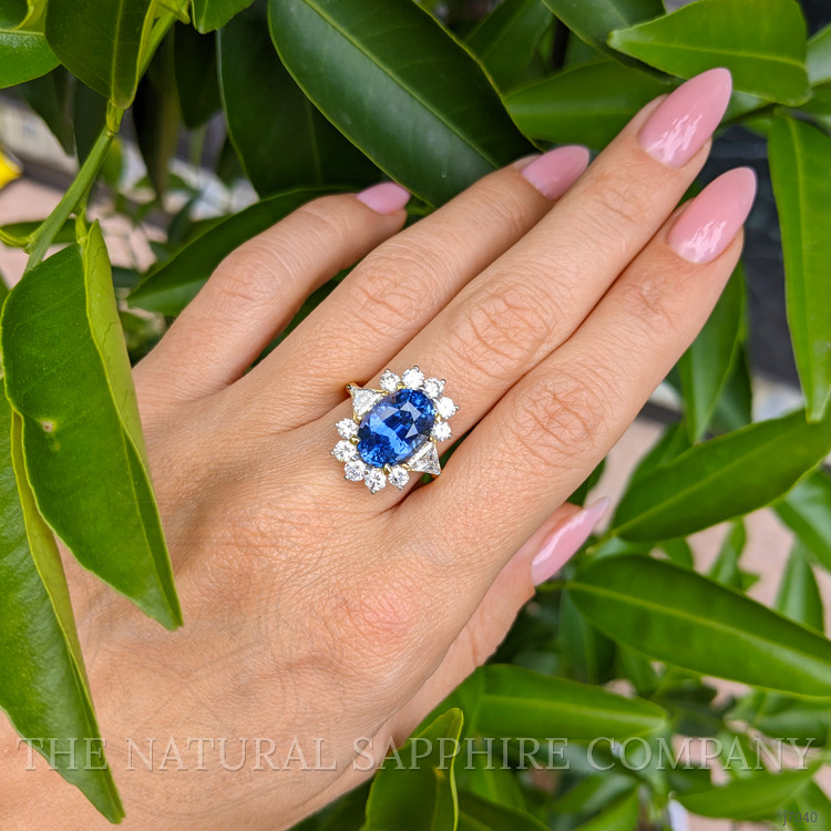 5.28 Ct. Blue Sapphire and Natural Diamond Halo Ring, 18K Yellow Gold