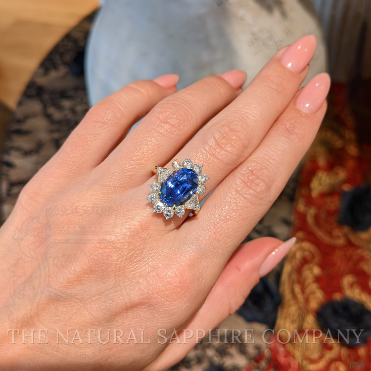 5.28 Ct. Blue Sapphire and Natural Diamond Halo Ring, 18K Yellow Gold