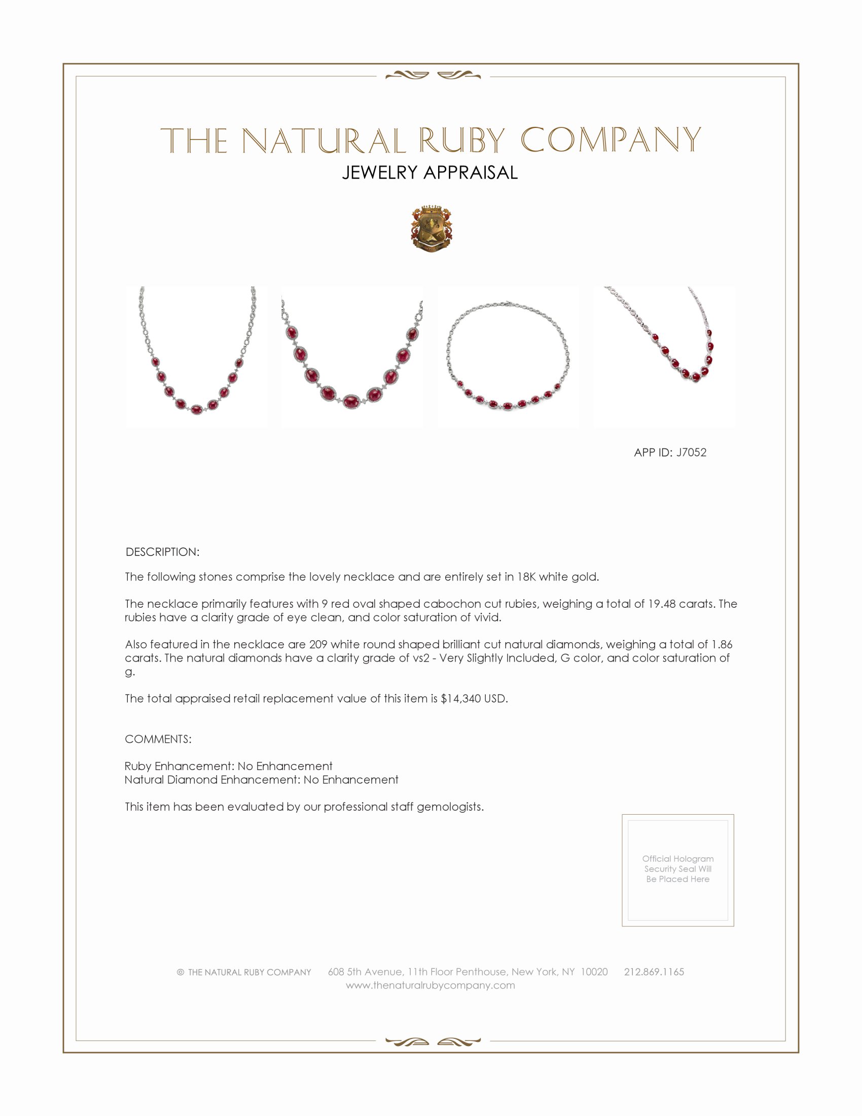 19.48 Ct. Ruby Natural Diamond Antique Style Necklace, 18K White Gold