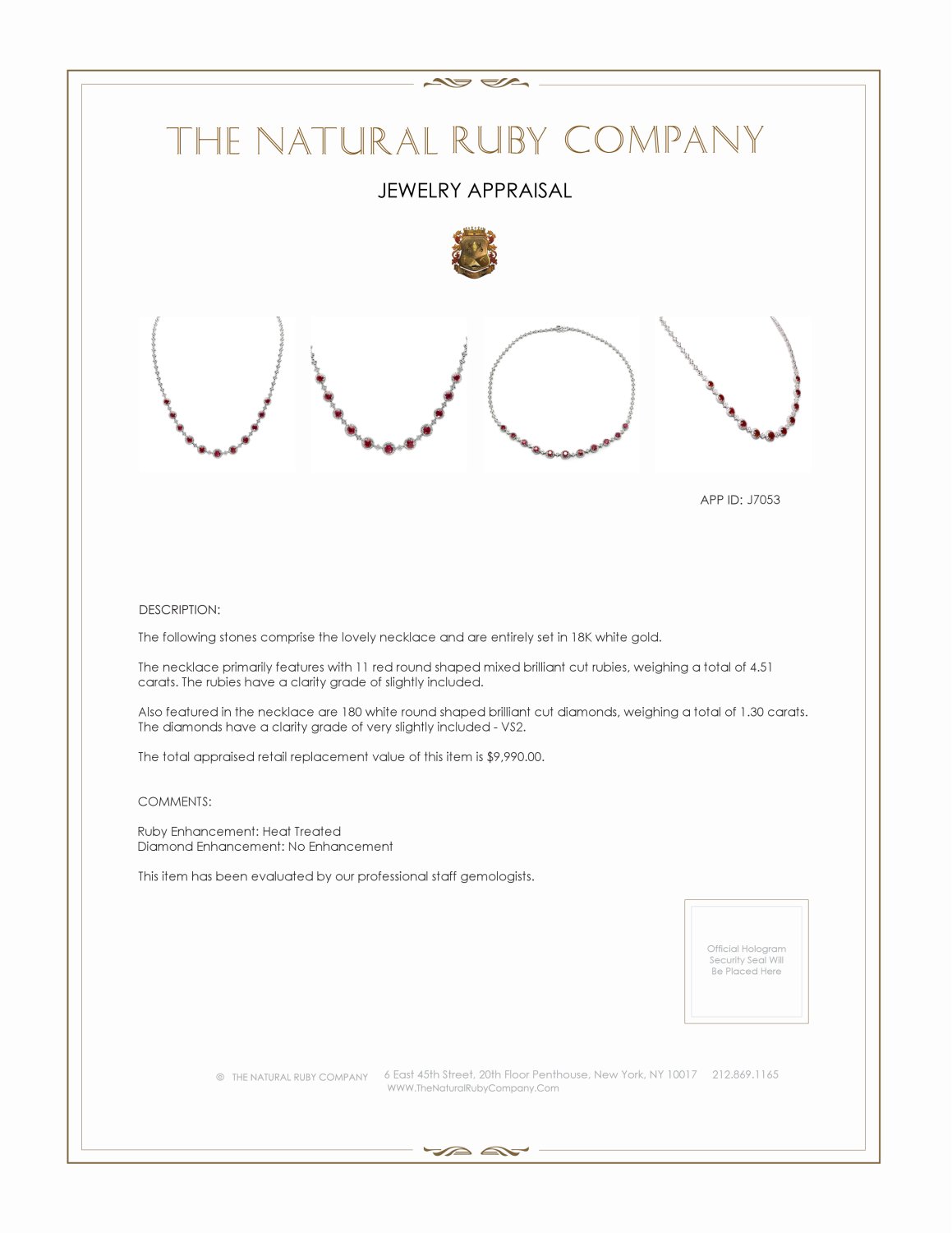 4.51 Ct. Ruby and Natural Diamond Necklace, 18K White Gold