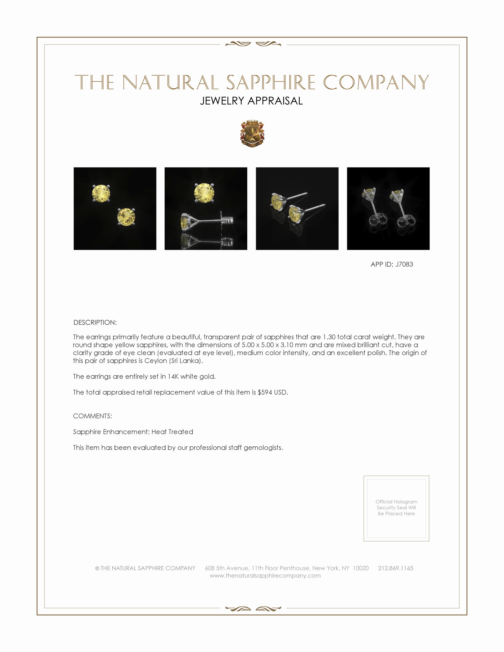 1.30 Ct.Tw. Yellow Sapphire Studs Earrings, 14K White Gold