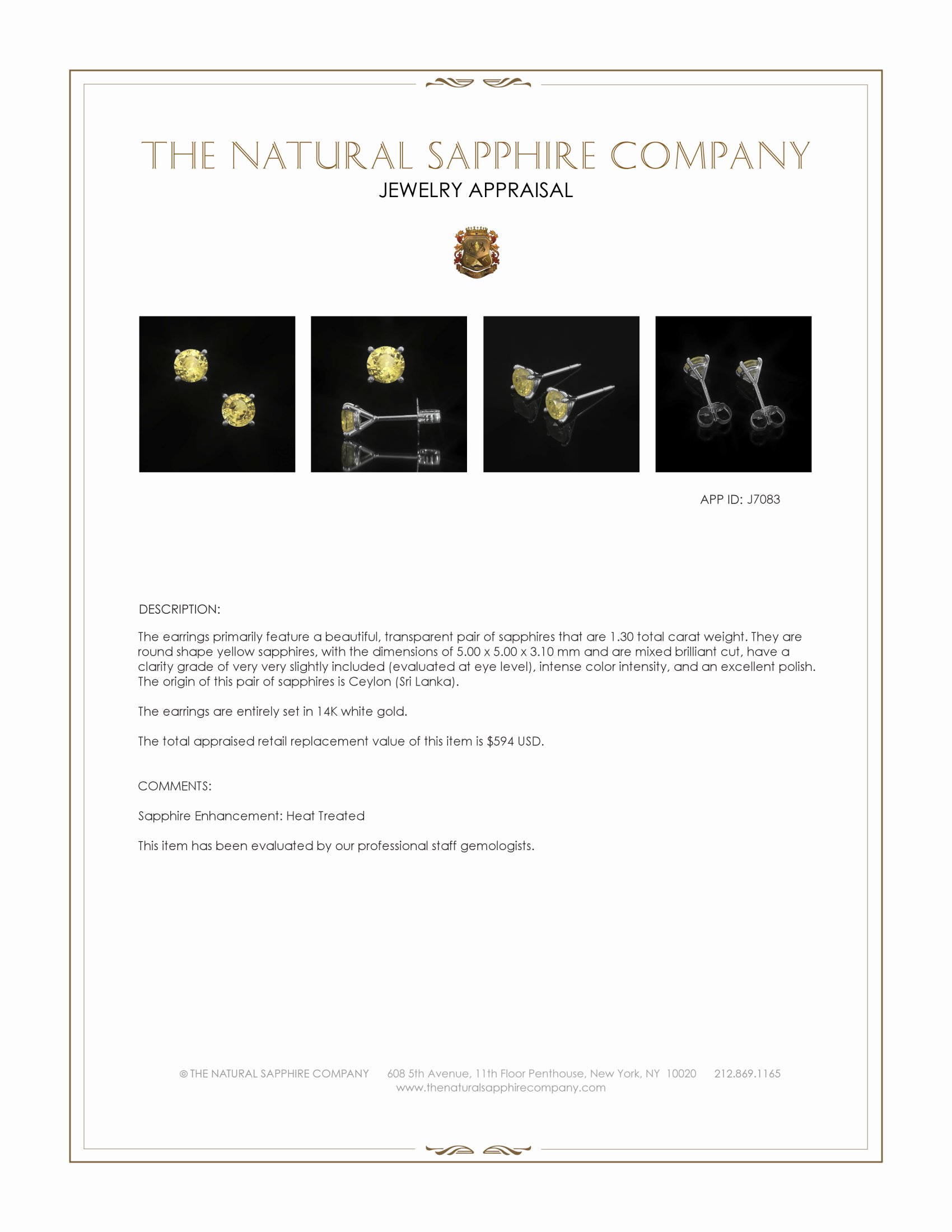 1.30 Ct.Tw. Yellow Sapphire Studs Earrings, 14K White Gold