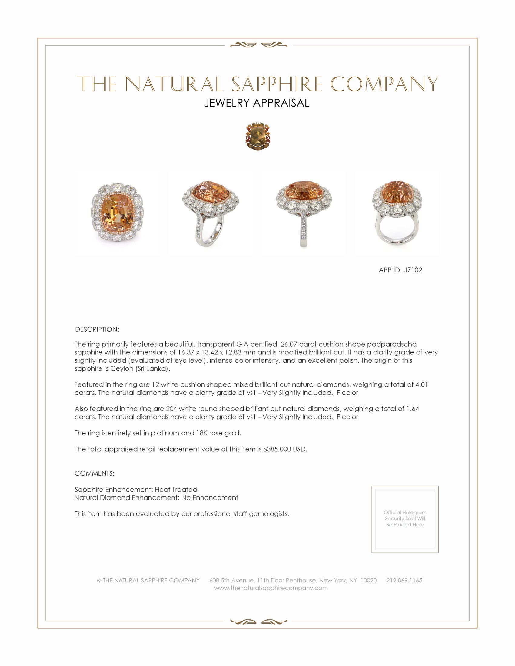 32.00 Ct. Padparadscha Sapphire and Natural Diamond Halo Ring, Platinum & 18K Rose