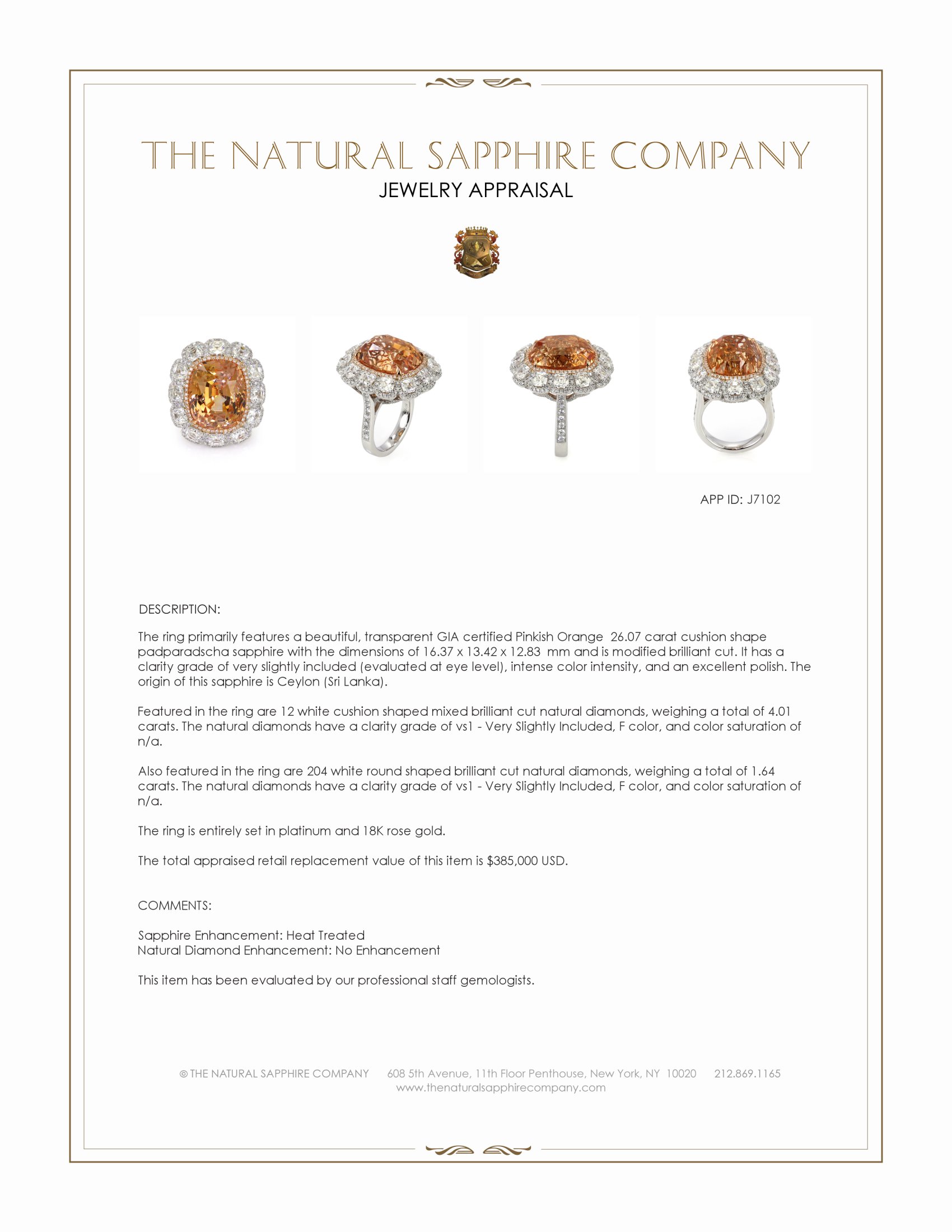 26.07 Ct. Padparadscha Sapphire and Natural Diamond Halo Ring, Platinum & 18K Rose