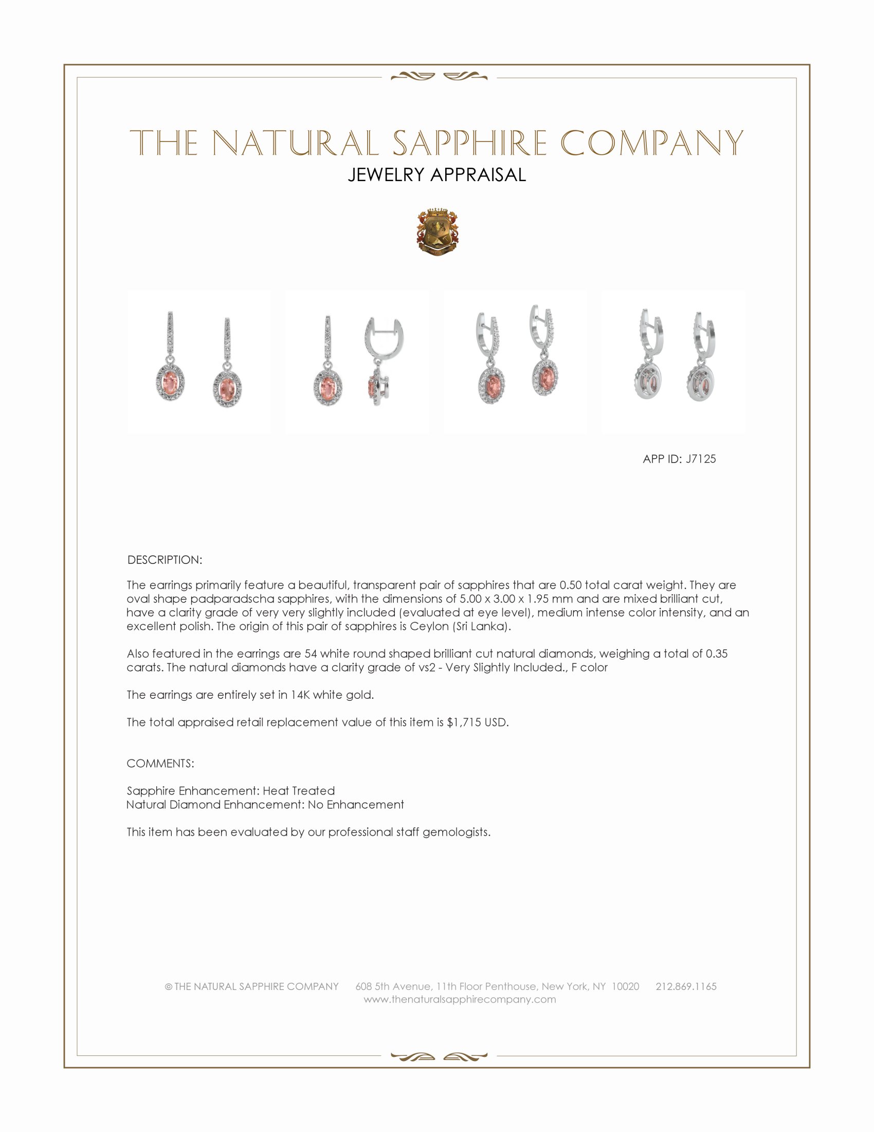 0.50 Ct.Tw. Padparadscha Sapphire and Natural Diamond Pave Earrings, 14K White Gold
