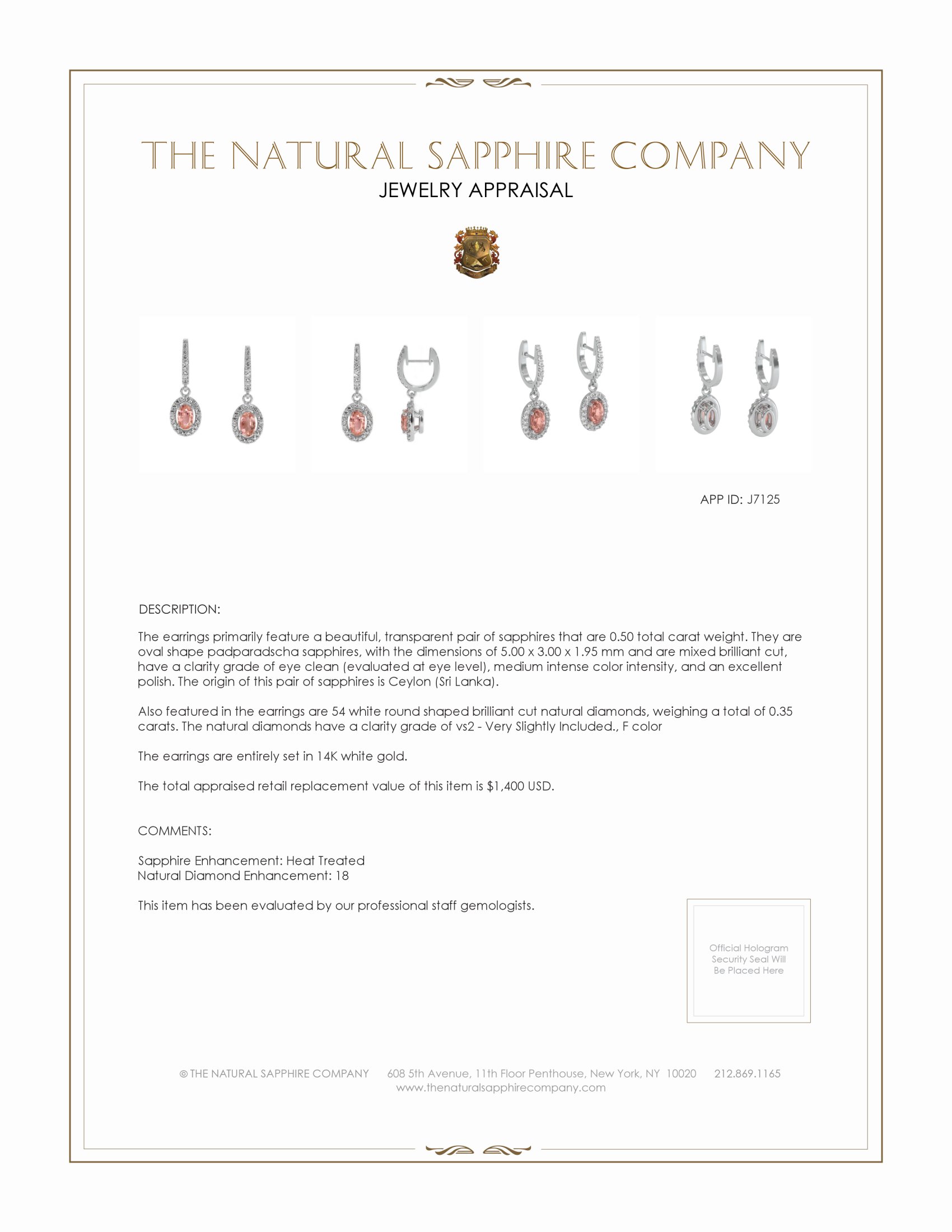 0.50 Ct.Tw. Padparadscha Sapphire and Natural Diamond Pave Earrings, 14K White Gold
