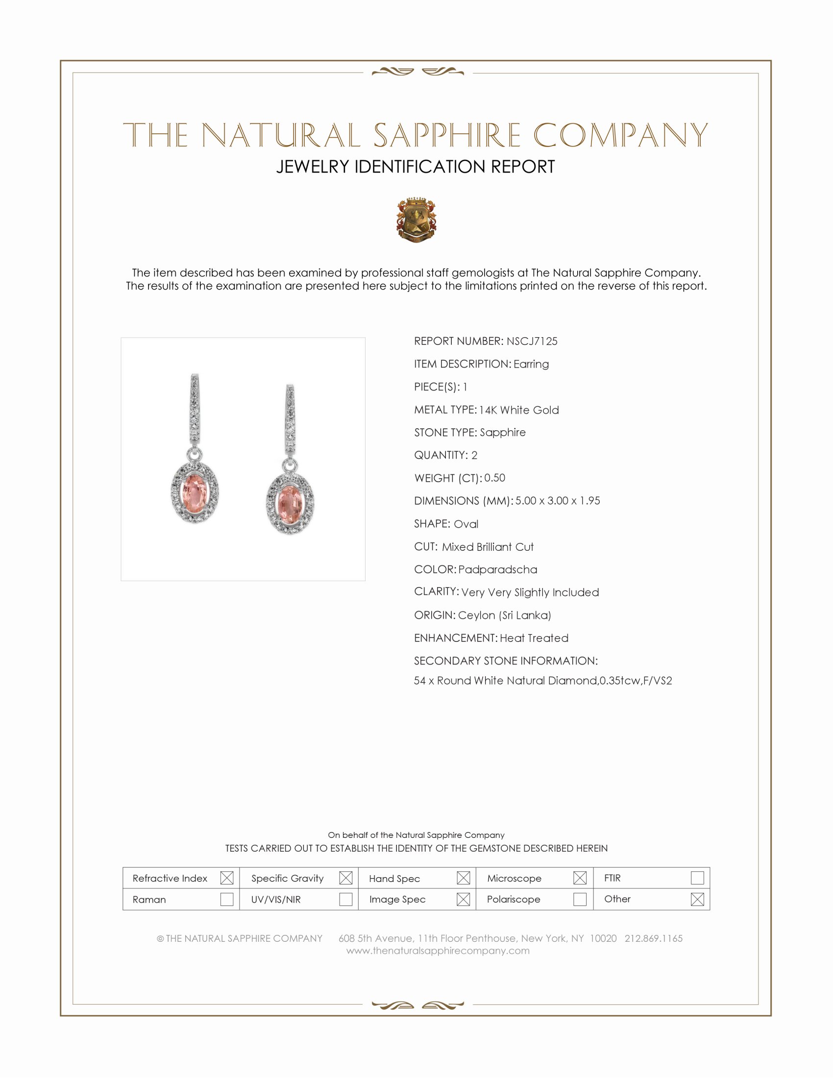 0.50 Ct.Tw. Padparadscha Sapphire and Natural Diamond Pave Earrings, 14K White Gold