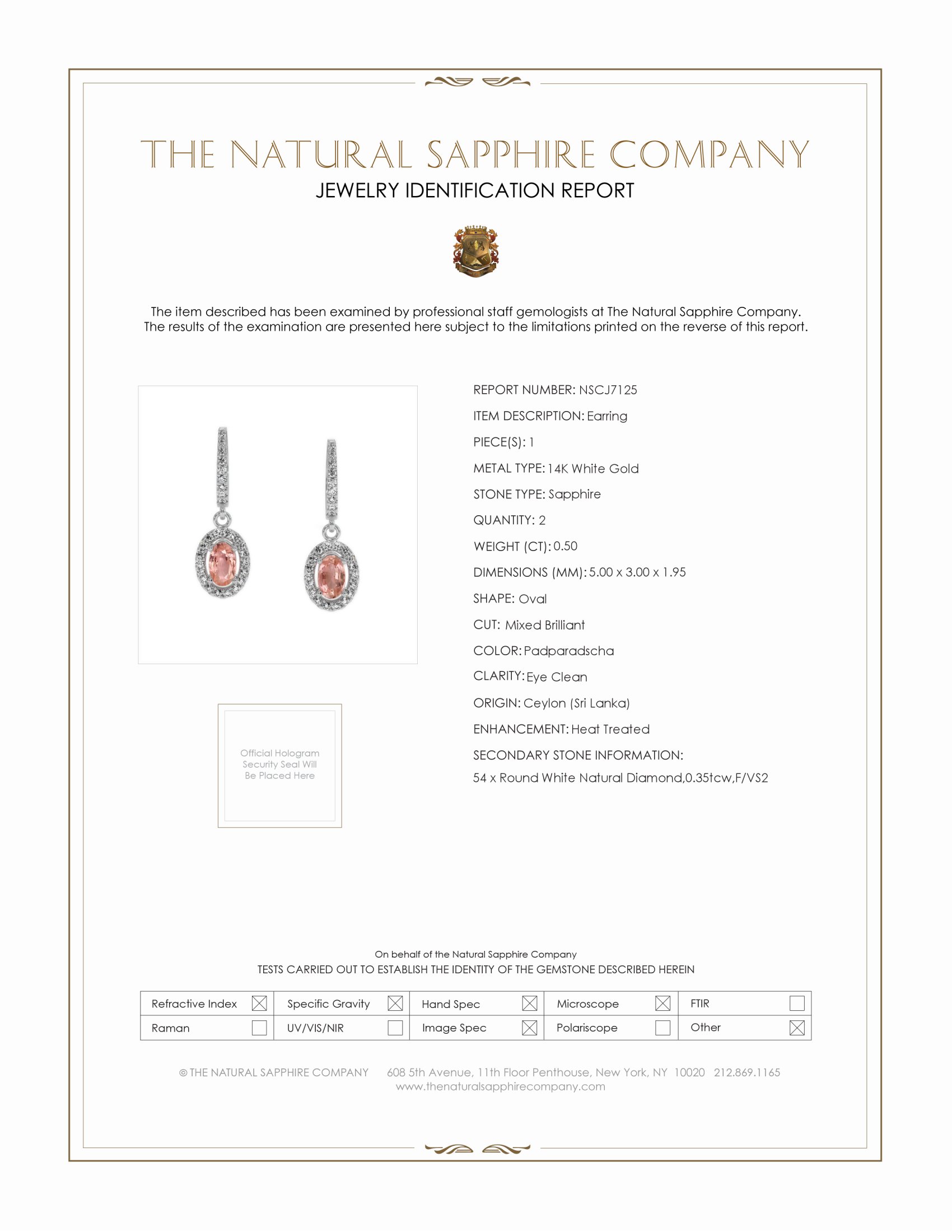 0.50 Ct.Tw. Padparadscha Sapphire and Natural Diamond Pave Earrings, 14K White Gold