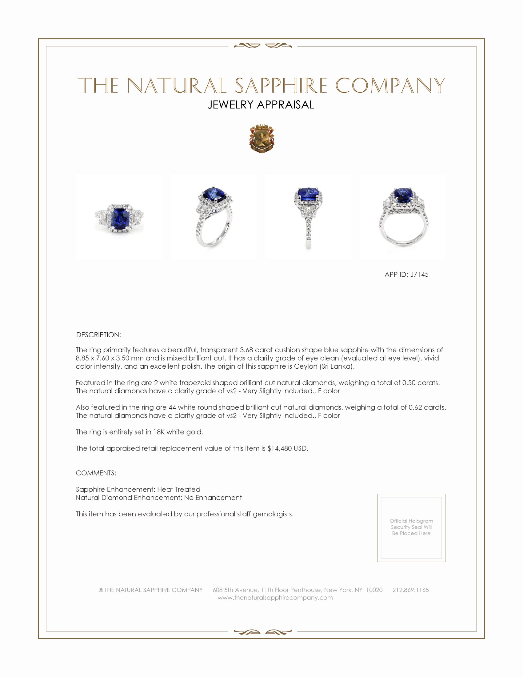 3.68 Ct. Blue Sapphire and Natural Diamond Three Stone Ring, 18K White Gold