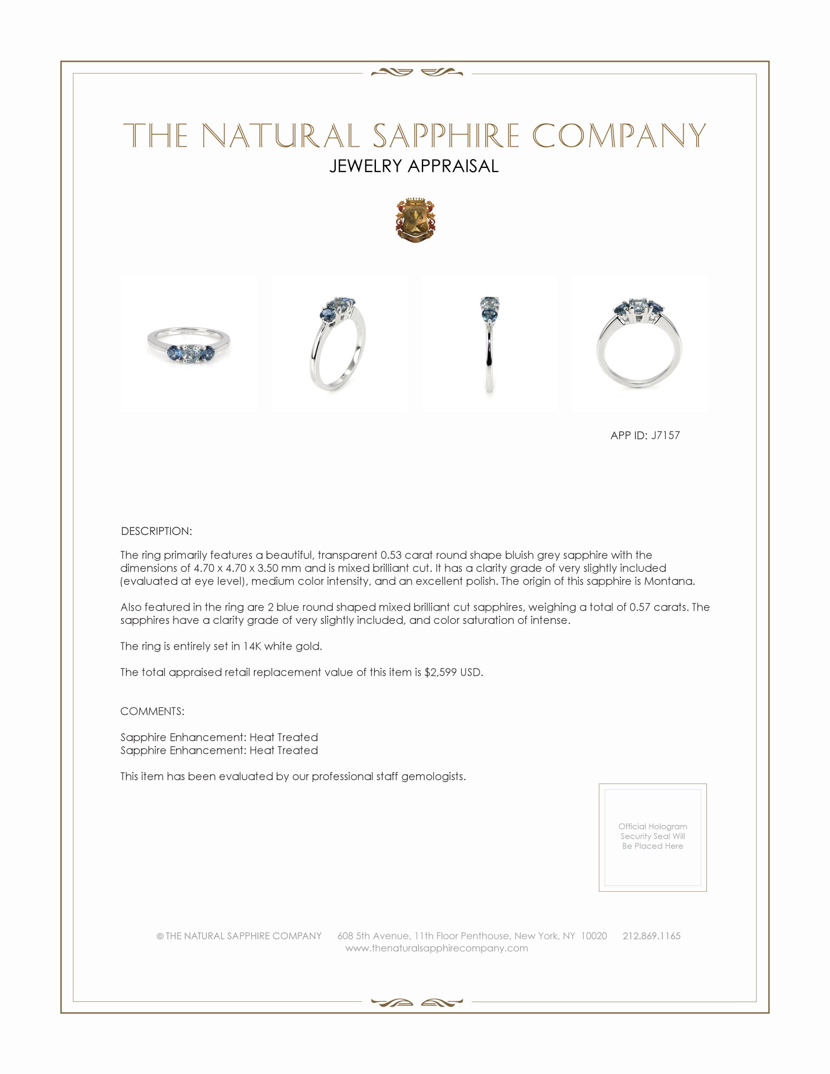 0.53 Ct. Bluish Grey Sapphire and Blue Sapphire Three Stone Ring, 14K White Gold