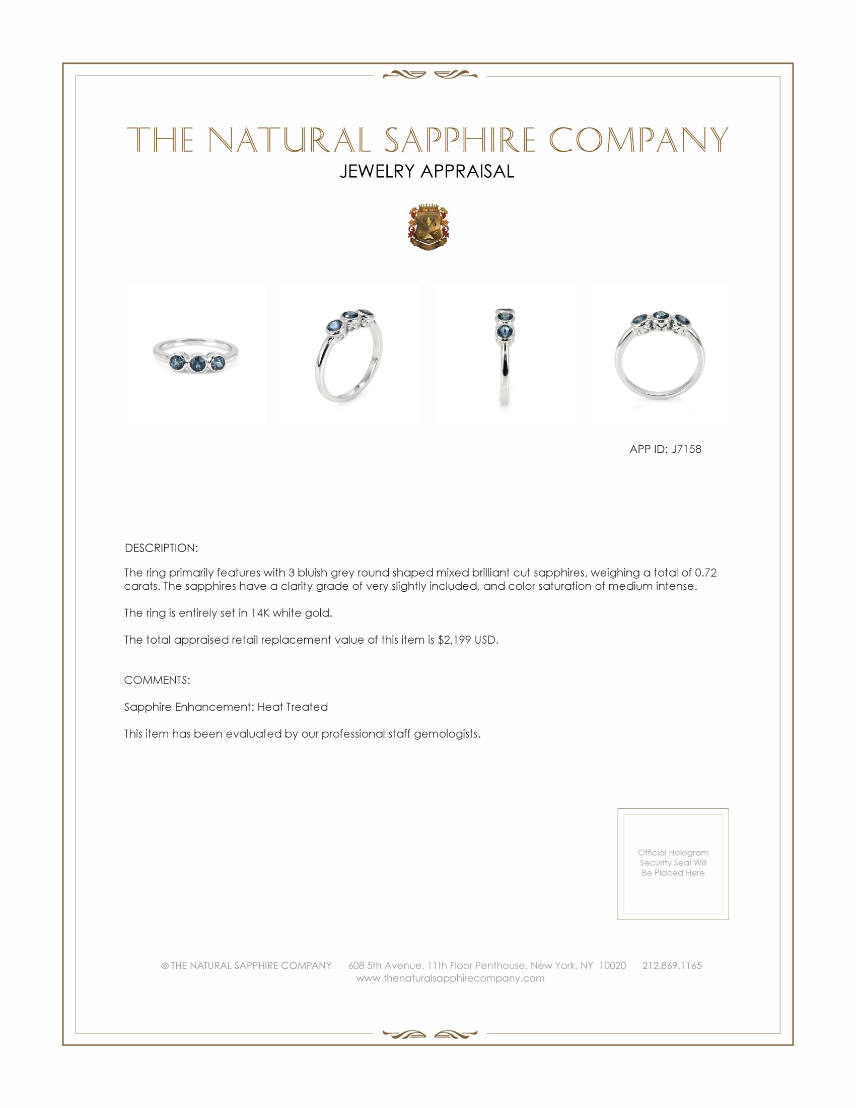 0.72 Ct. Bluish Grey Sapphire Three Stone Ring, 14K White Gold